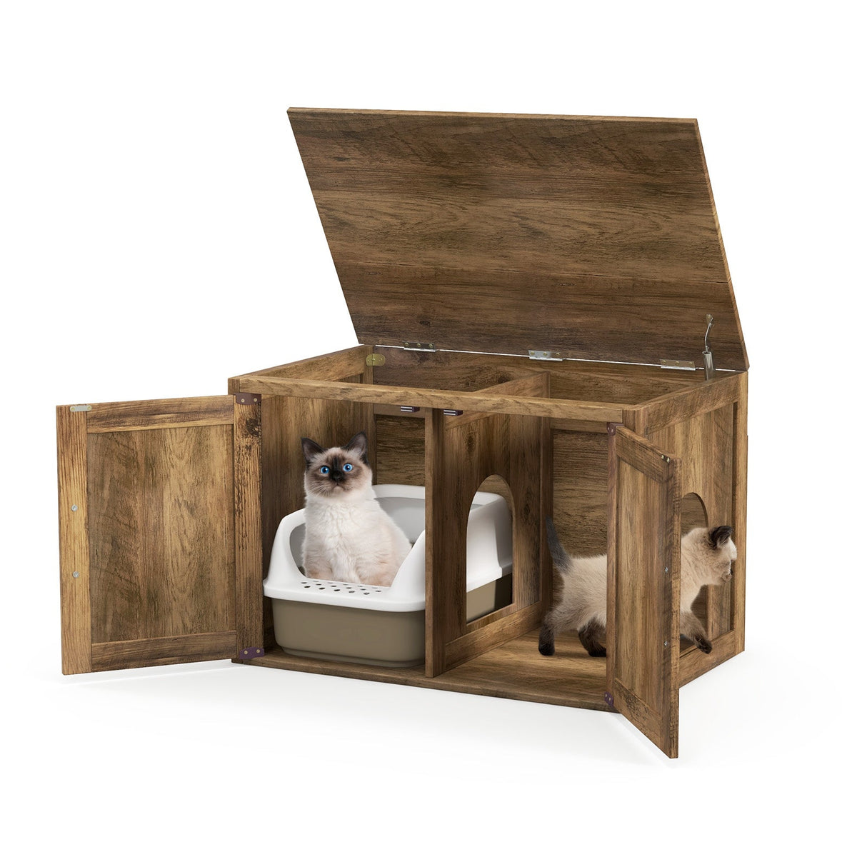 Mueble arenero oculto con tapa abatible, puertas dobles de granero y divisor extraíble
