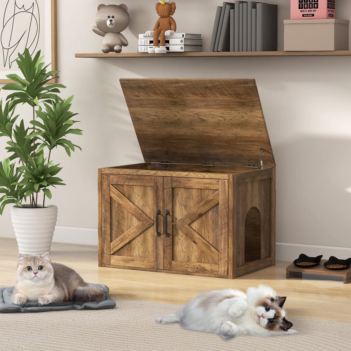 Mueble arenero oculto con tapa abatible, puertas dobles de granero y divisor extraíble