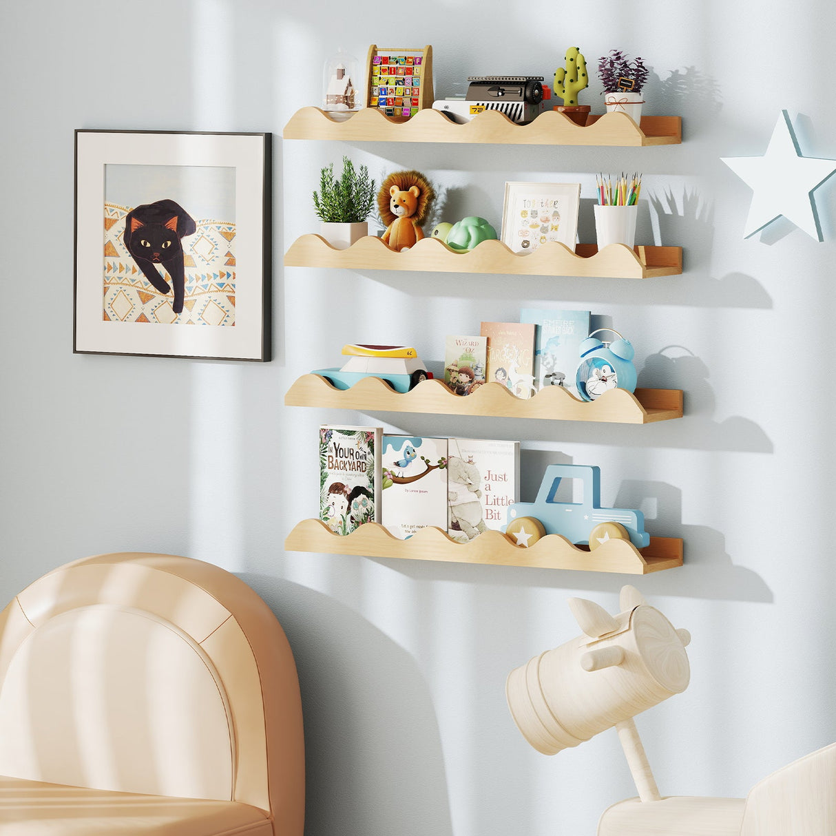 Juego de 4 estantes de pared para libros infantiles de 24 pulgadas - repisa para cuadros - Natural