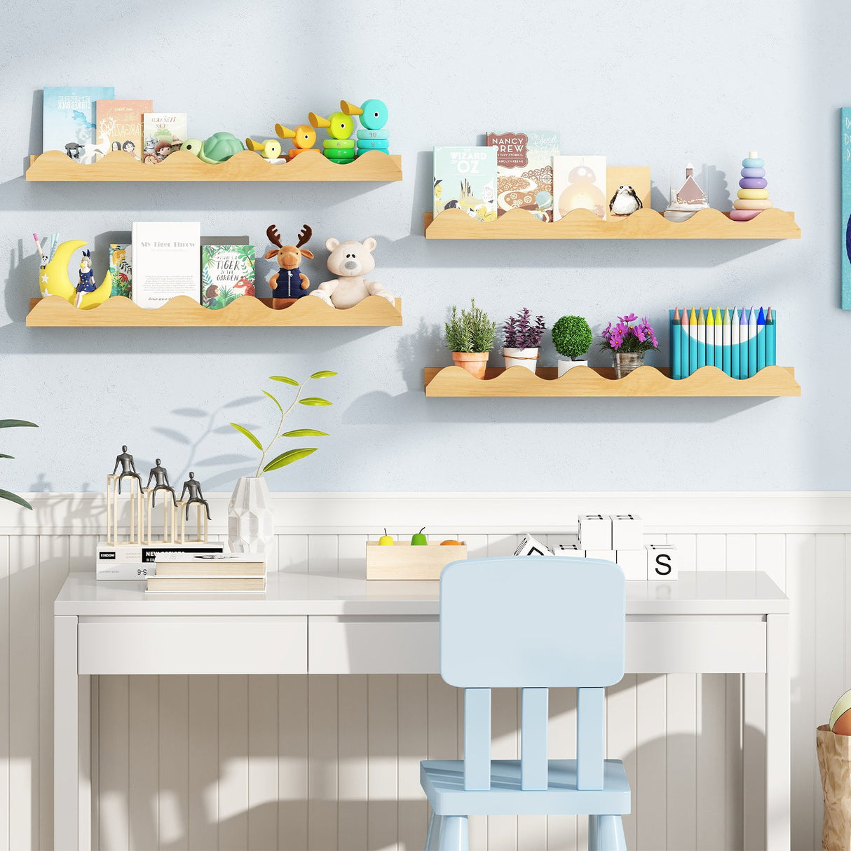 Juego de 4 estantes de pared para libros infantiles de 24 pulgadas - repisa para cuadros - Natural
