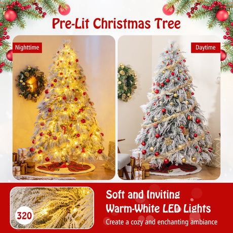 4.5/6/7 Feet Pre-Lit Snow Flocked Christmas Tree with Warm White LED Lights