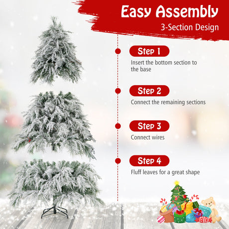 4.5/6/7 Feet Pre-Lit Snow Flocked Christmas Tree with Warm White LED Lights
