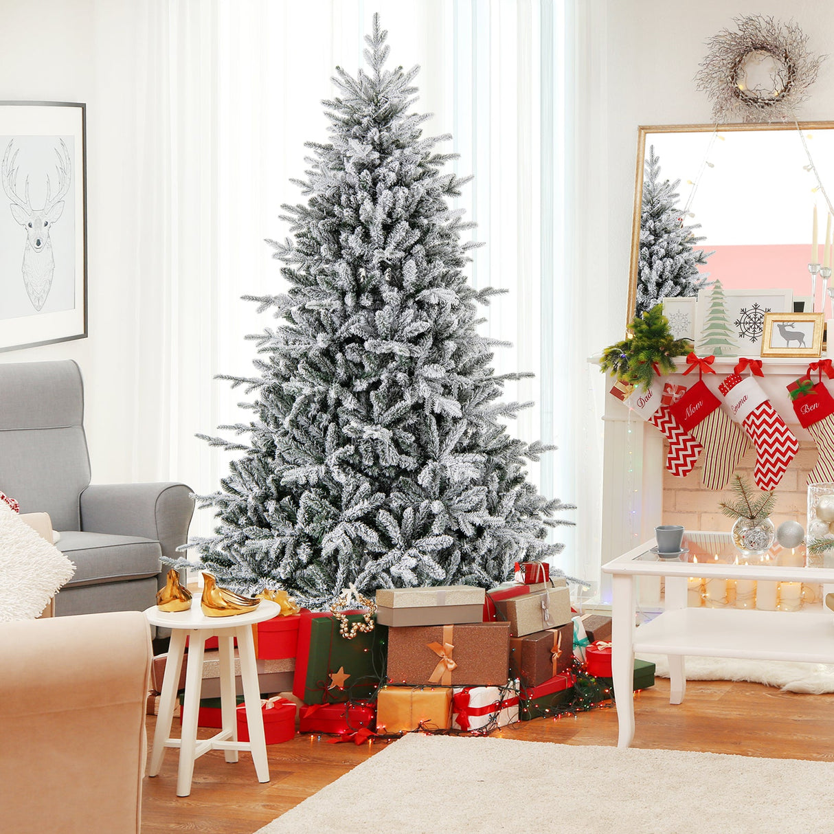 Árbol de Navidad floculante de 7 pies con 8 modos de iluminación y luces LED multicolor