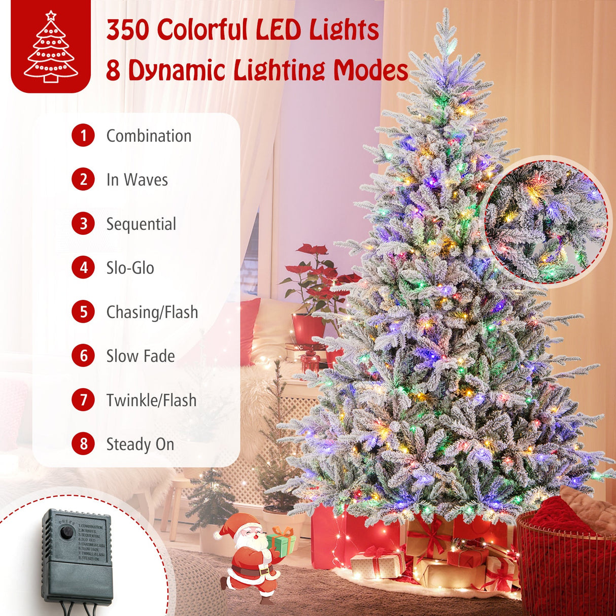 Árbol de Navidad floculante de 7 pies con 8 modos de iluminación y luces LED multicolor