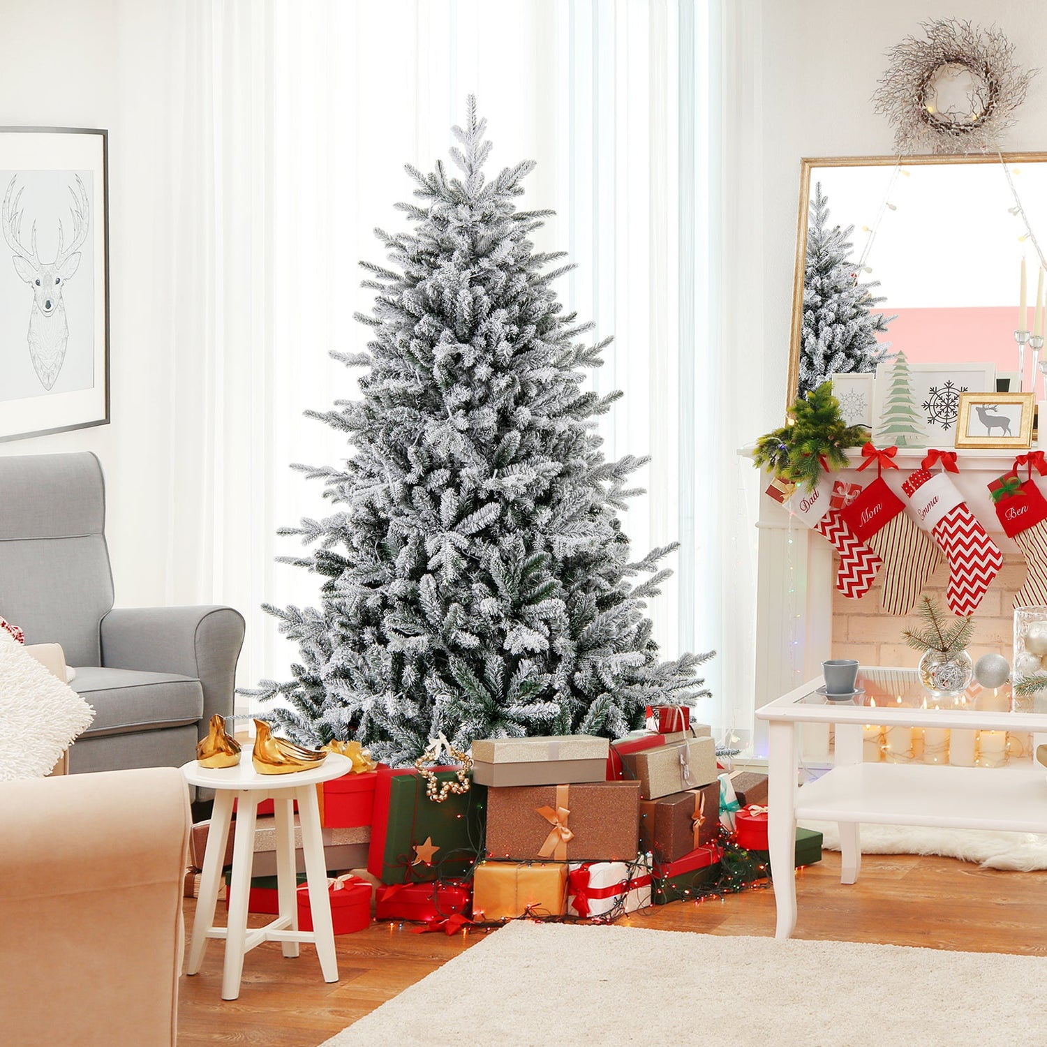 Árbol de Navidad floculante de 7 pies con 8 modos de iluminación y luces LED multicolor