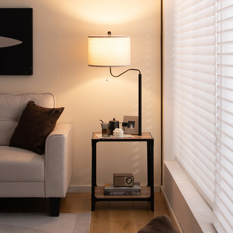 Lámpara de pie giratoria 360° con mesa auxiliar y puertos de carga USB