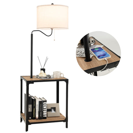 Lámpara de pie giratoria 360° con mesa auxiliar y puertos de carga USB