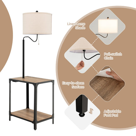 Lámpara de pie giratoria 360° con mesa auxiliar y puertos de carga USB