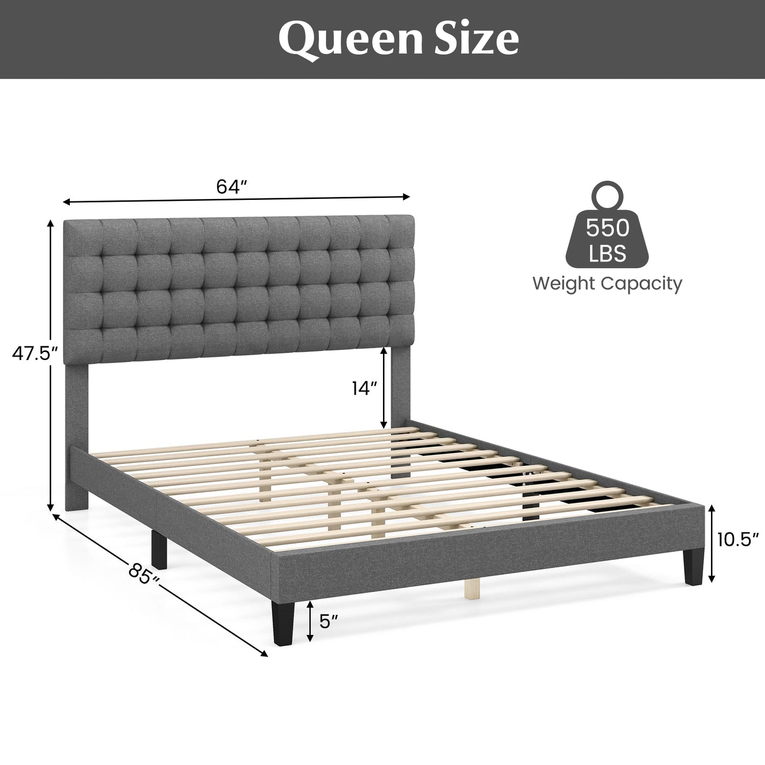 Cama de plataforma tapizada tamaño Queen con cabecero cosido cuadrado