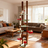 Árbol para gatos ajustable de suelo a techo con temática de hongos, condominio y hamaca, marrón
