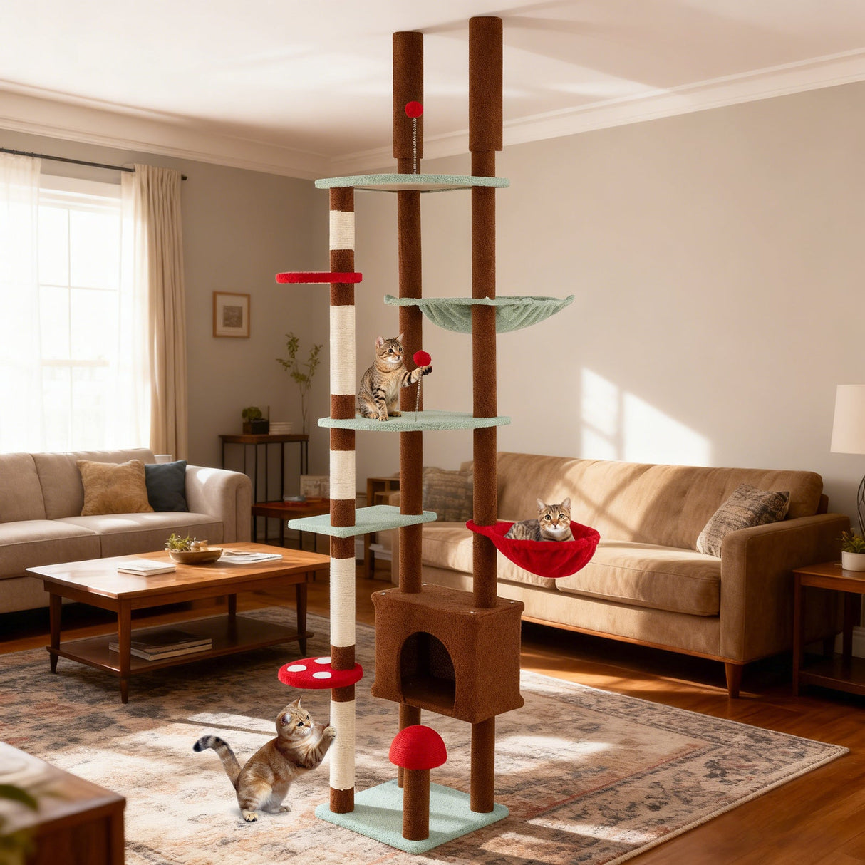 Árbol para gatos ajustable de suelo a techo con temática de hongos, condominio y hamaca, marrón