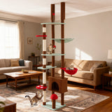 Árbol para gatos ajustable de suelo a techo con temática de hongos, condominio y hamaca, marrón