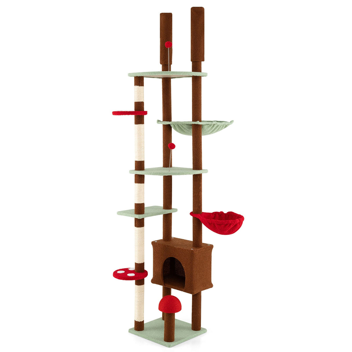 Árbol para gatos ajustable de suelo a techo con temática de hongos, condominio y hamaca, marrón