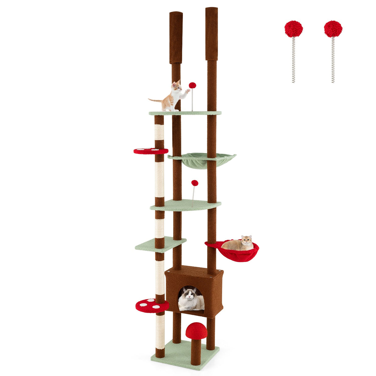 Árbol para gatos ajustable de suelo a techo con temática de hongos, condominio y hamaca, marrón