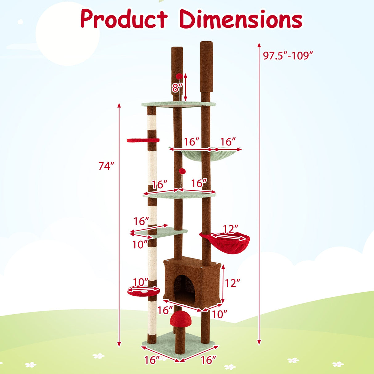 Árbol para gatos ajustable de suelo a techo con temática de hongos, condominio y hamaca, marrón