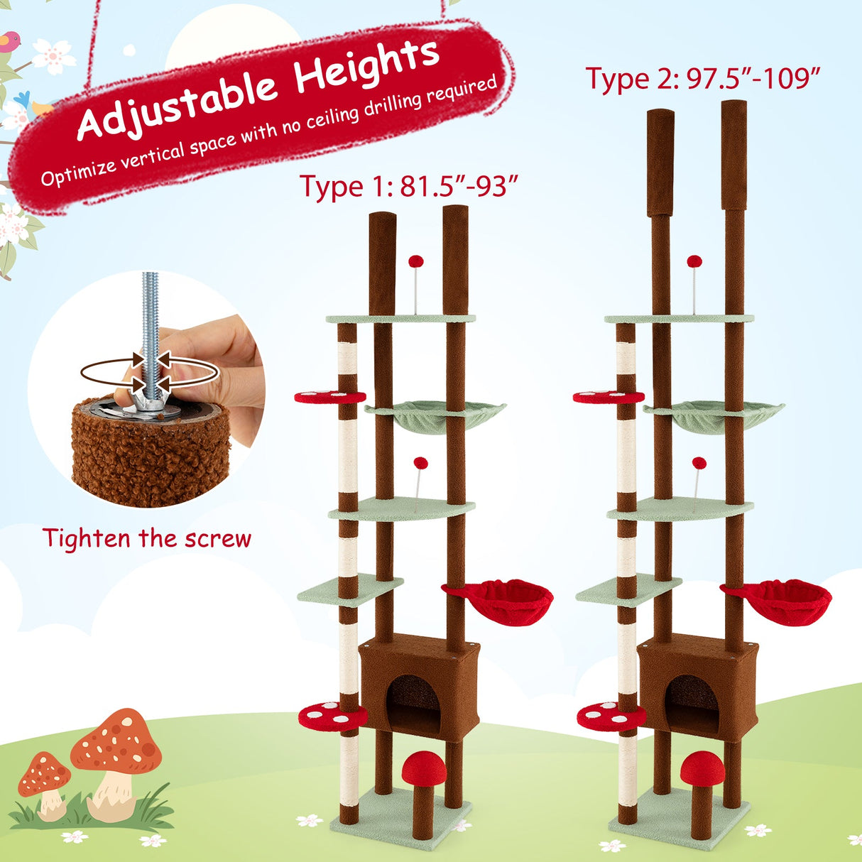 Árbol para gatos ajustable de suelo a techo con temática de hongos, condominio y hamaca, marrón
