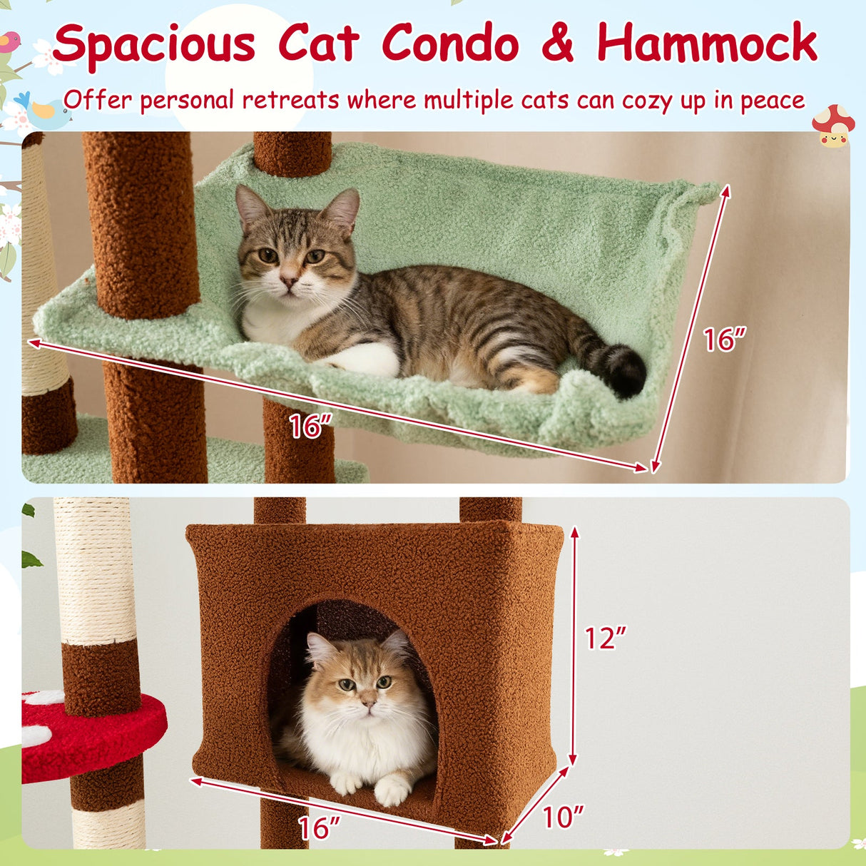 Árbol para gatos ajustable de suelo a techo con temática de hongos, condominio y hamaca, marrón