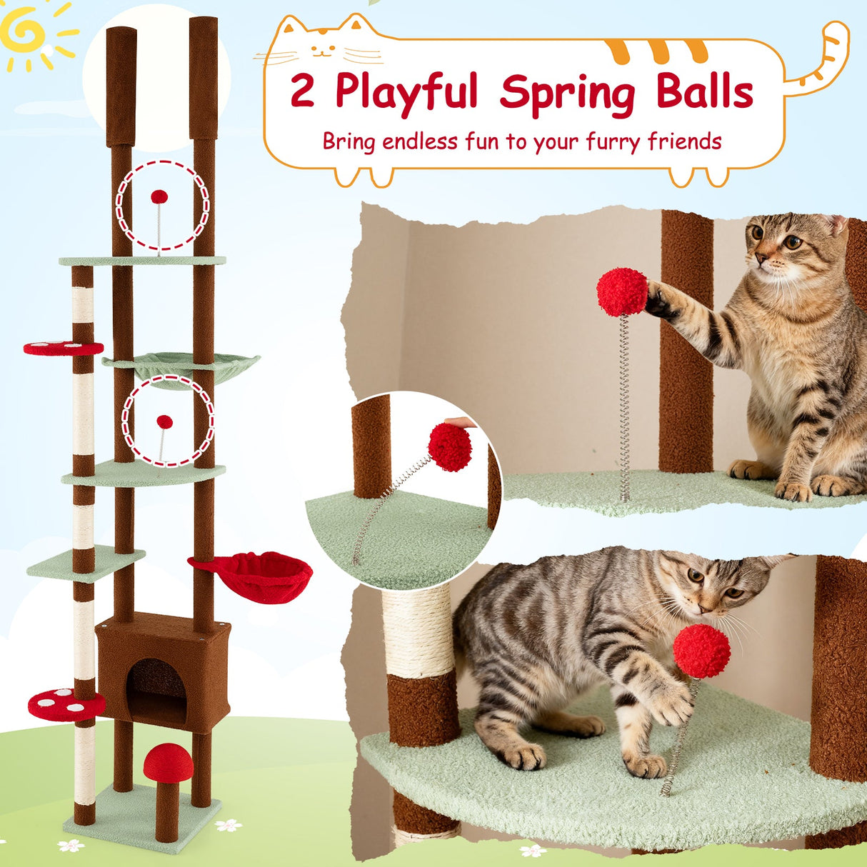 Árbol para gatos ajustable de suelo a techo con temática de hongos, condominio y hamaca, marrón