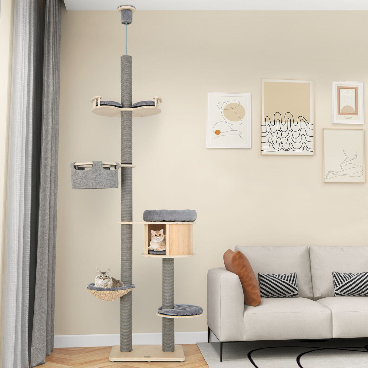 Árbol para gatos de 6 niveles de suelo a techo, altura ajustable de 100-110 pulgadas-Natural