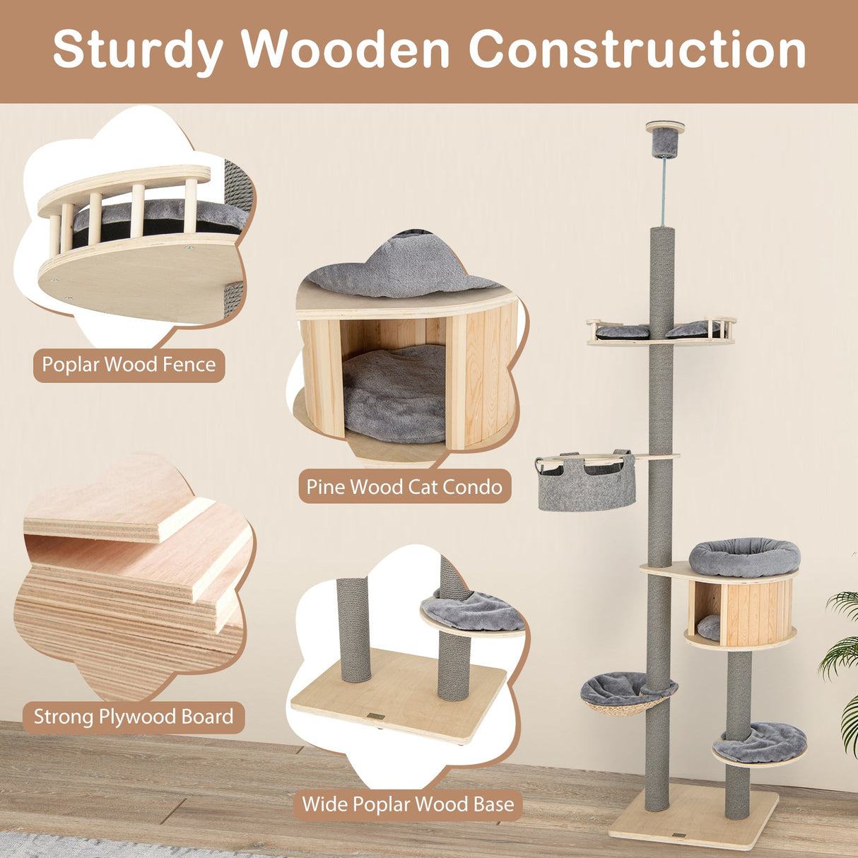 Árbol para gatos de 6 niveles de suelo a techo, altura ajustable de 100-110 pulgadas-Natural