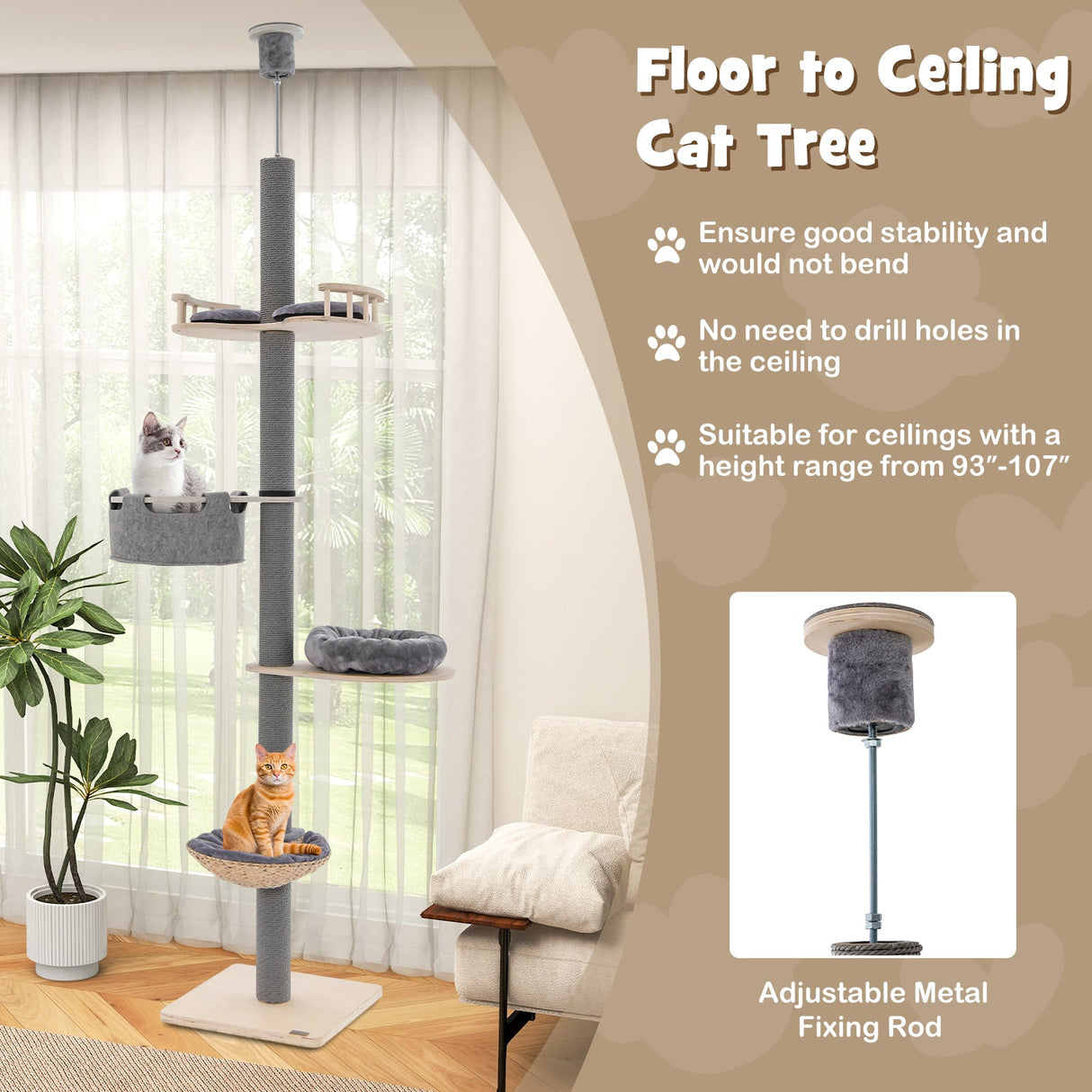 Árbol para gatos de piso a techo con altura ajustable de 93 a 107 pulgadas - Gris