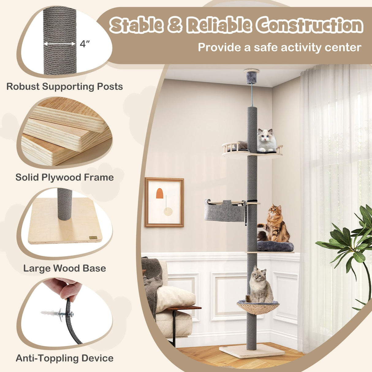 Árbol para gatos de piso a techo con altura ajustable de 93 a 107 pulgadas - Gris