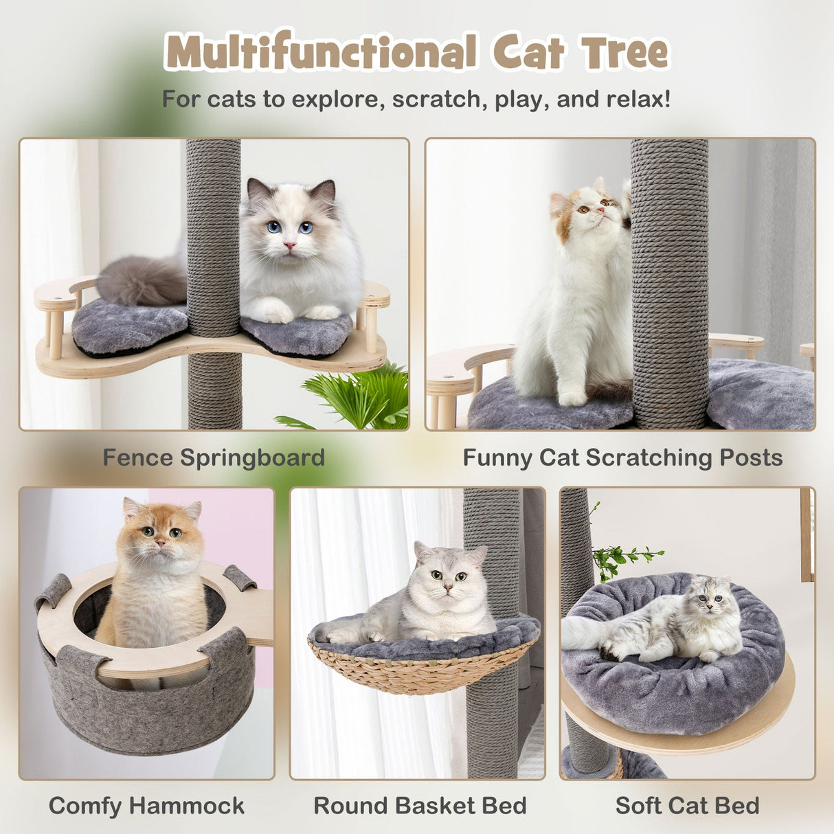 Árbol para gatos de piso a techo con altura ajustable de 93 a 107 pulgadas - Gris