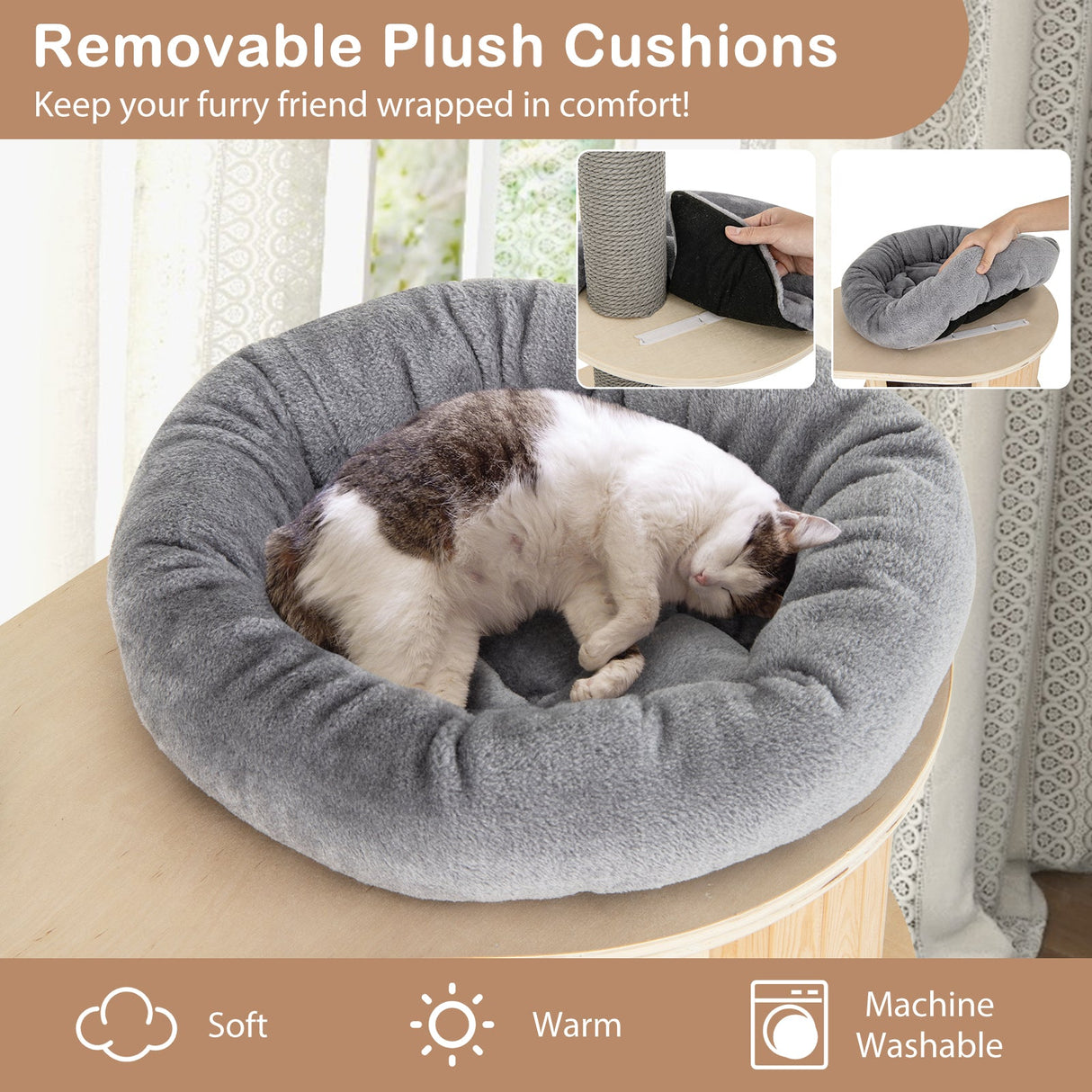 Árbol para gatos de 6 niveles de suelo a techo, altura ajustable de 100-110 pulgadas-Natural