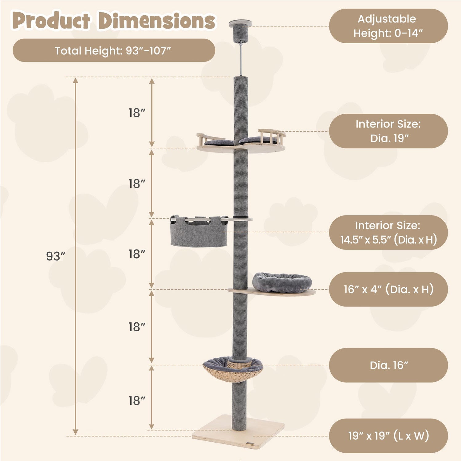 Árbol para gatos de piso a techo con altura ajustable de 93 a 107 pulgadas - Gris