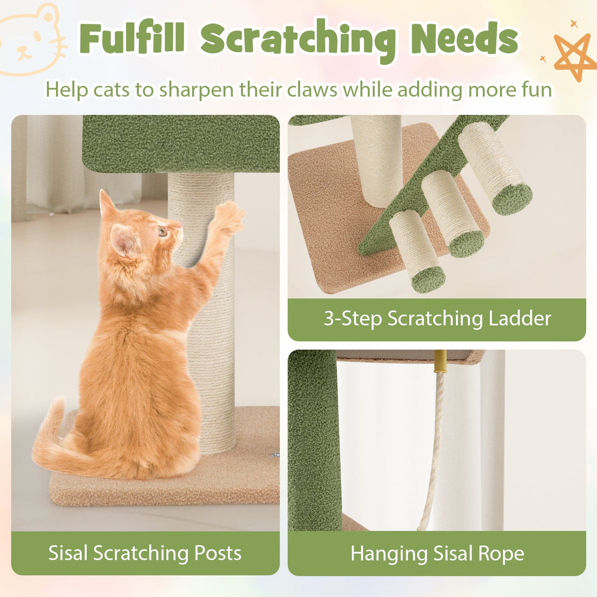Árbol para gatos de suelo a techo con altura ajustable de 86 a 99.5 pulgadas y poste extra - Verde