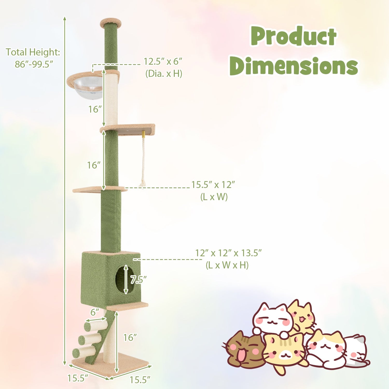Árbol para gatos de suelo a techo con altura ajustable de 86 a 99.5 pulgadas y poste extra - Verde