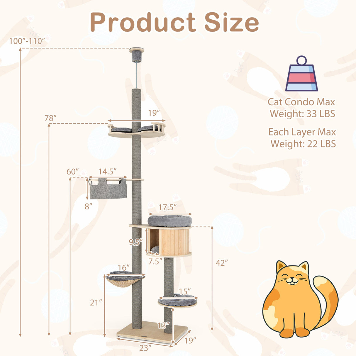 Árbol para gatos de 6 niveles de suelo a techo, altura ajustable de 100-110 pulgadas-Natural