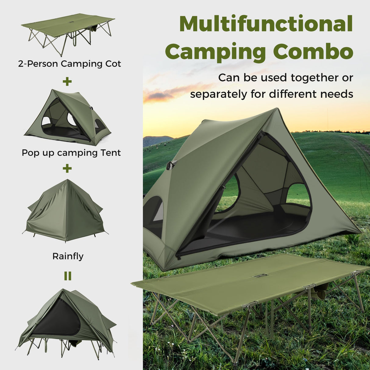 Tienda de campaña plegable para 2 personas con carpa emergente y bolsa portátil con ruedas - Verde