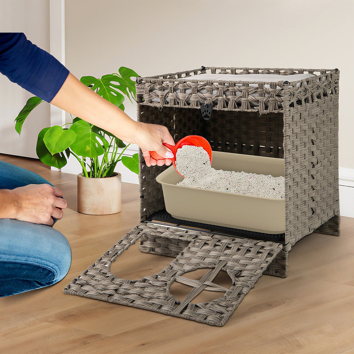 Arenero de ratán plegable de 2 niveles con alfombrilla para gatos - Gris