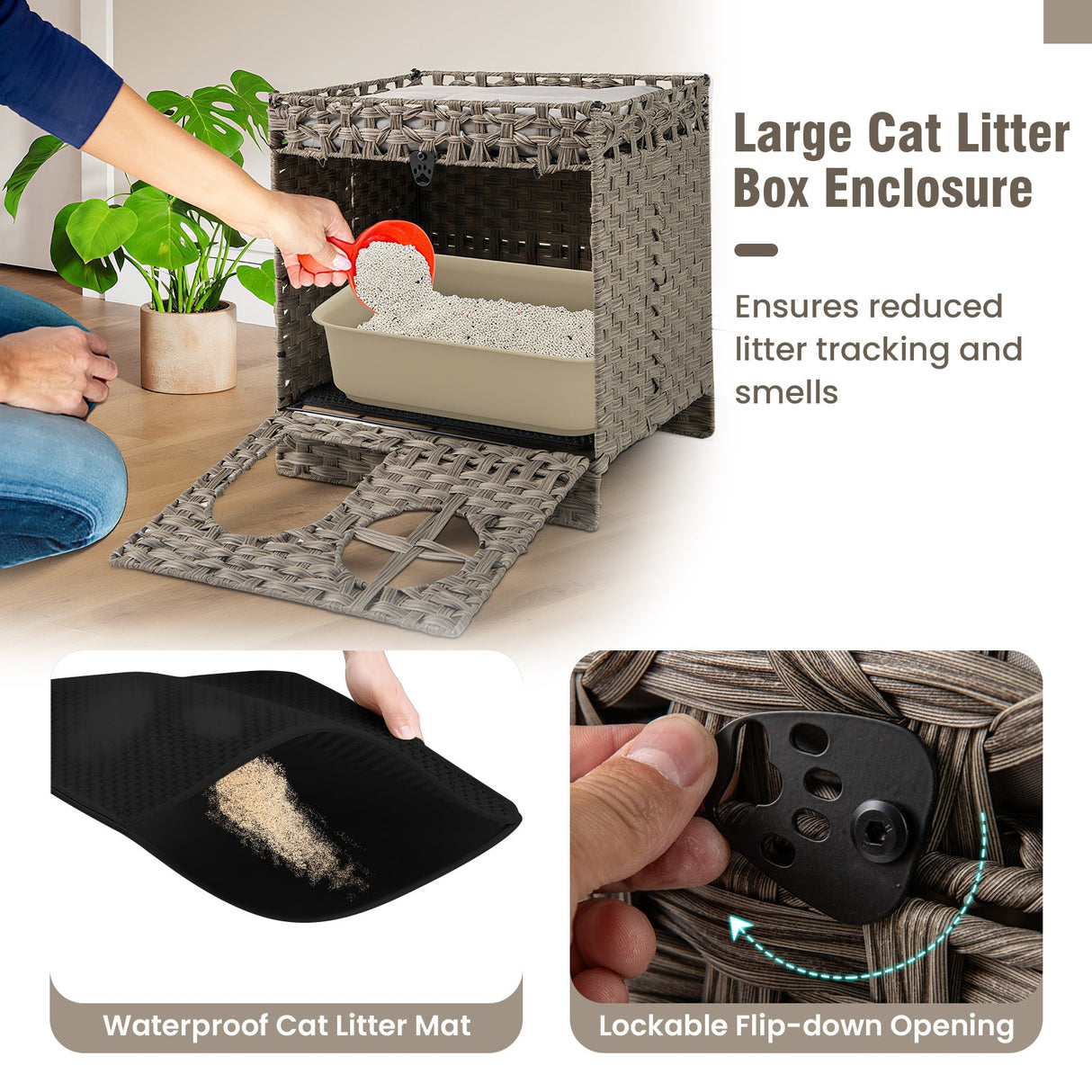 Arenero de ratán plegable de 2 niveles con alfombrilla para gatos - Gris