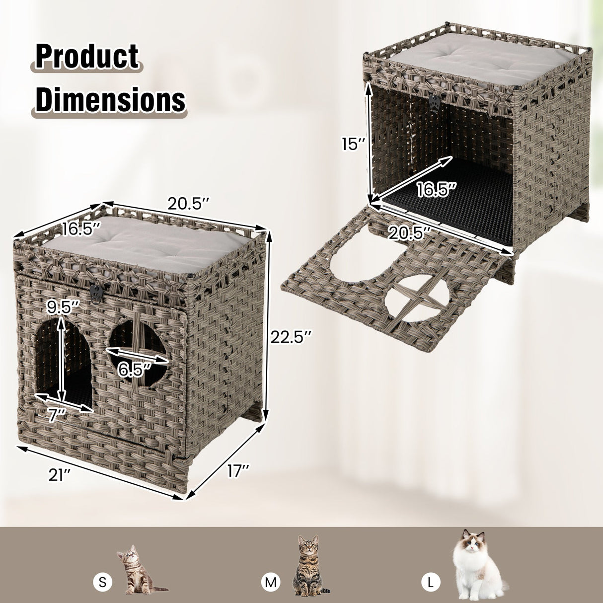 Arenero de ratán plegable de 2 niveles con alfombrilla para gatos - Gris