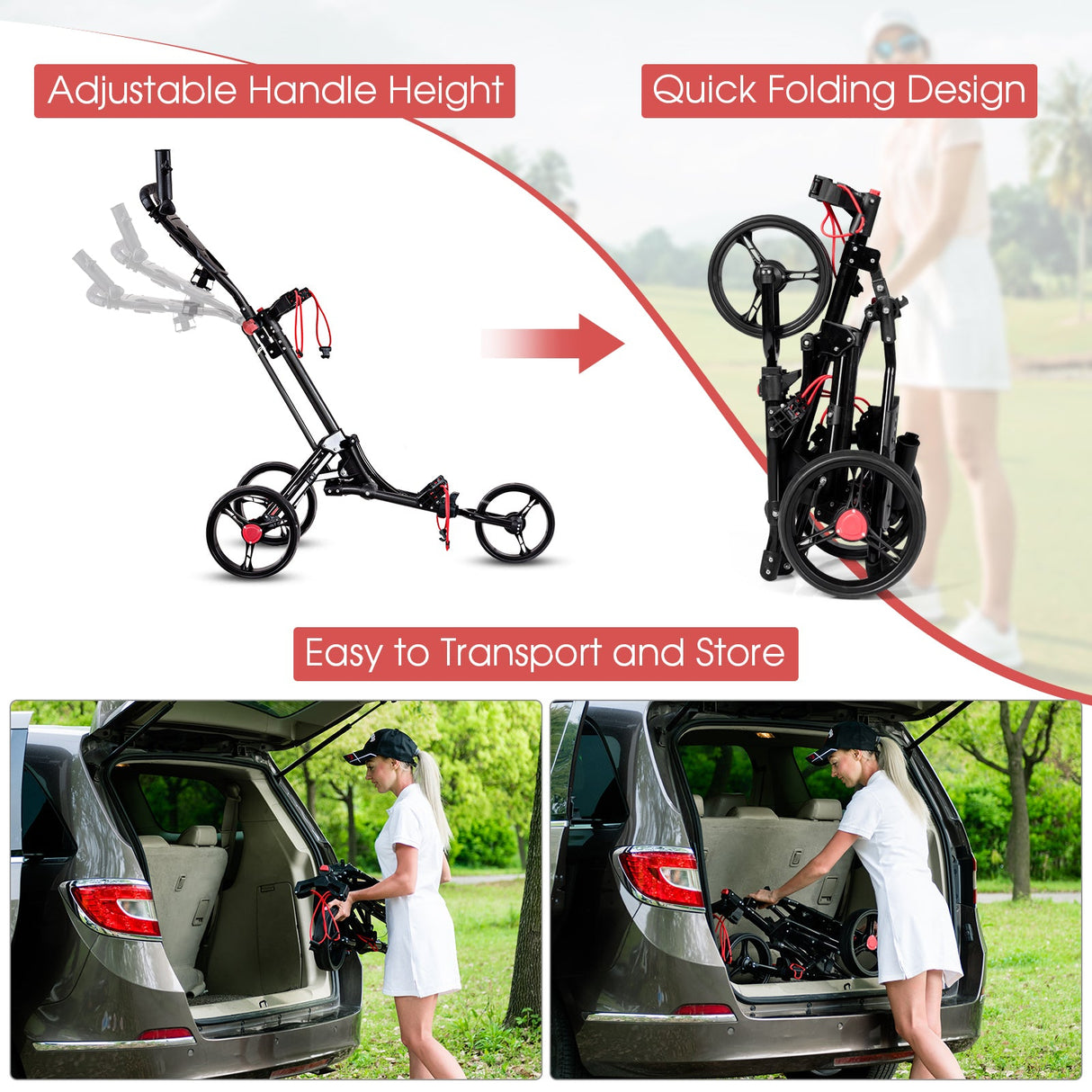 Carro de golf plegable de 3 ruedas con empuje y arrastre