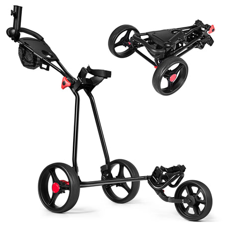 Carrito de golf de acero plegable duradero de 3 ruedas con bolsa de malla