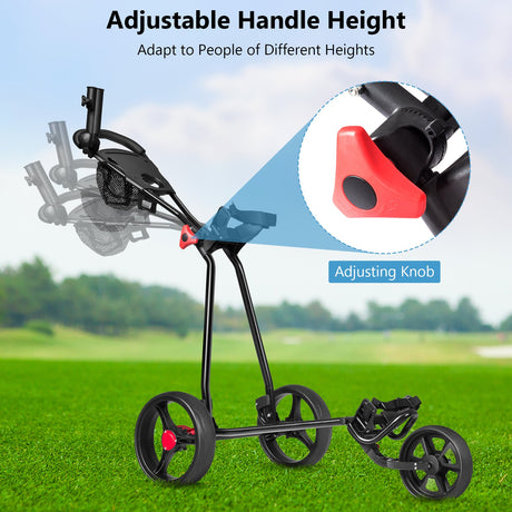 Carrito de golf de acero plegable duradero de 3 ruedas con bolsa de malla