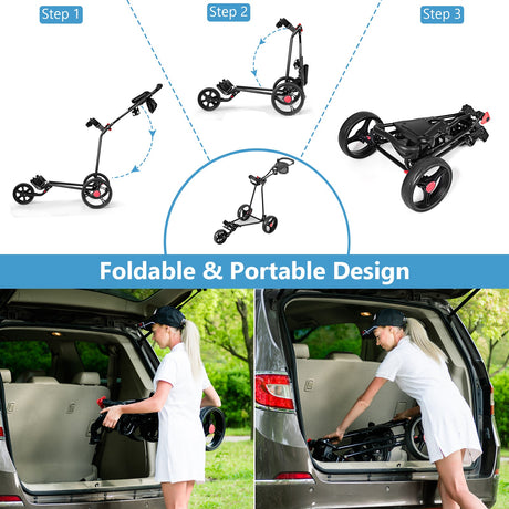 Carrito de golf de acero plegable duradero de 3 ruedas con bolsa de malla