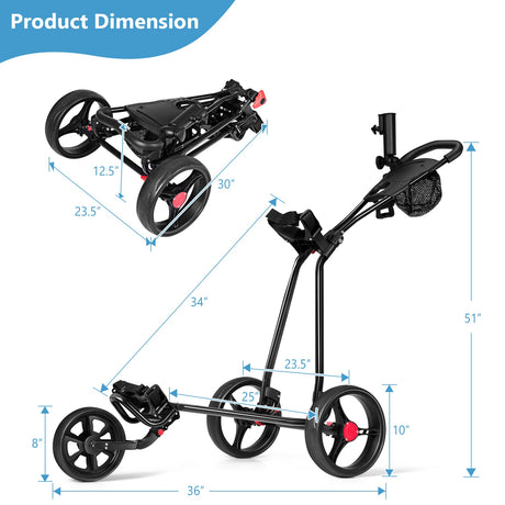Carrito de golf de acero plegable duradero de 3 ruedas con bolsa de malla