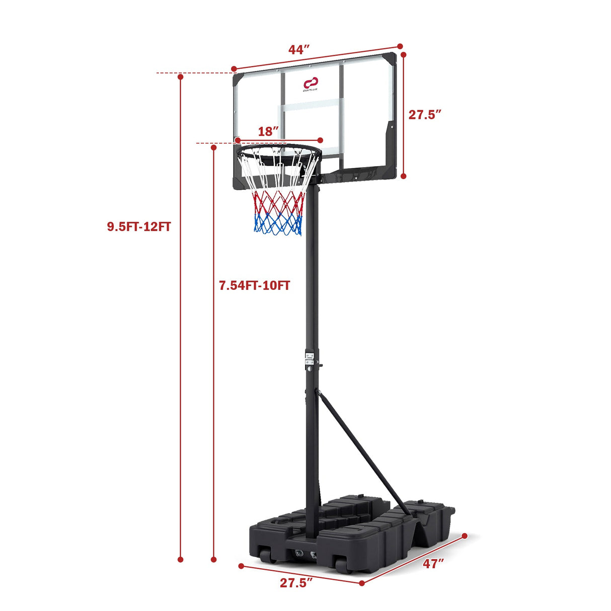 Canasta de Baloncesto Plegable de 2.30-3.05 m de Altura Ajustable sin Escalones con Tablero de PC
