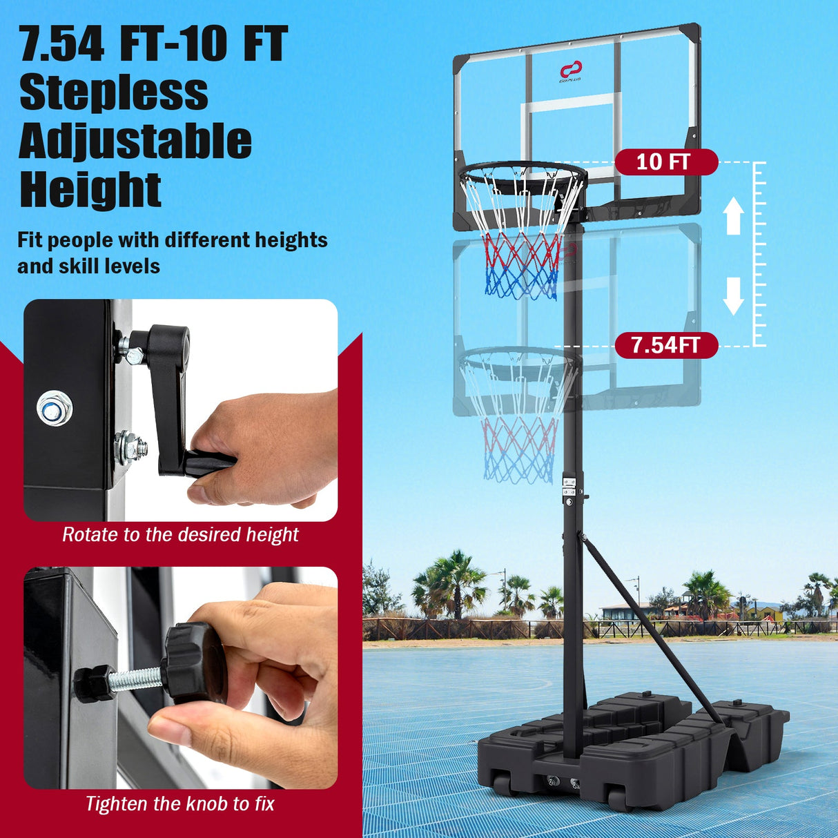 Canasta de Baloncesto Plegable de 2.30-3.05 m de Altura Ajustable sin Escalones con Tablero de PC