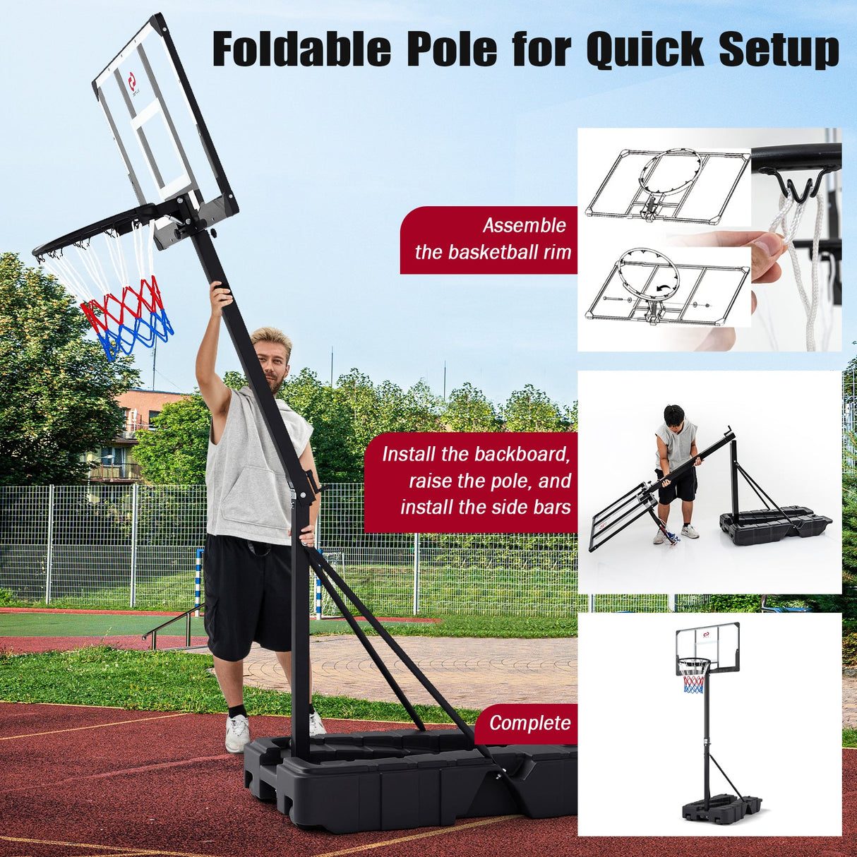 Canasta de Baloncesto Plegable de 2.30-3.05 m de Altura Ajustable sin Escalones con Tablero de PC