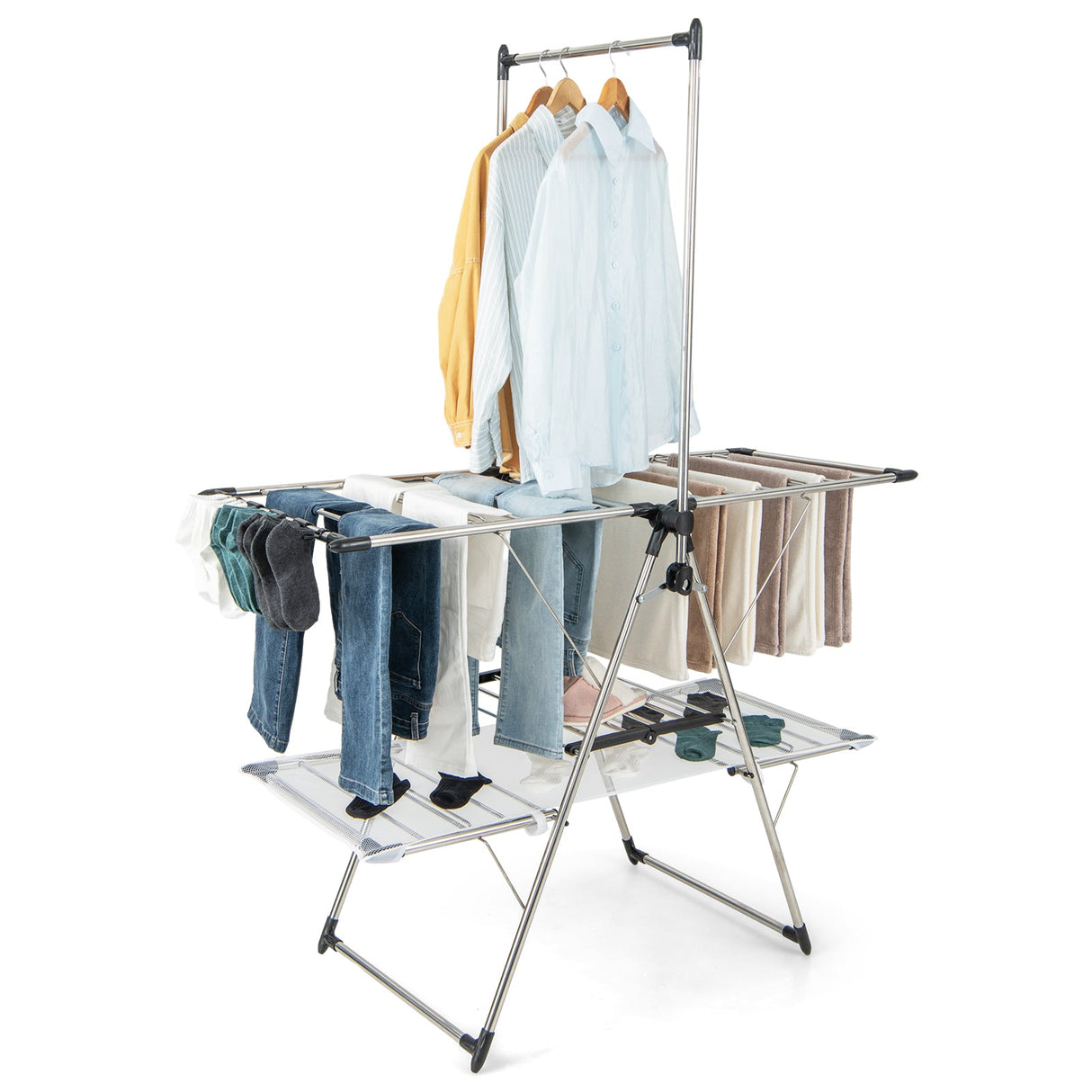 Tendedero plegable grande con barra alta para colgar