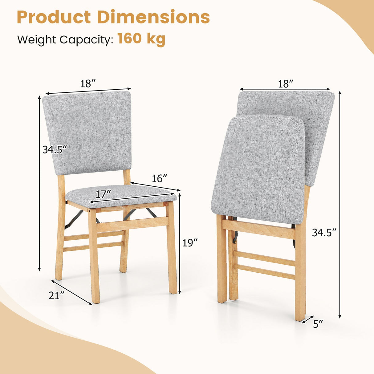 Juego de 2 sillas de comedor plegables sin brazos para cocina con asiento acolchado y respaldo reclinable