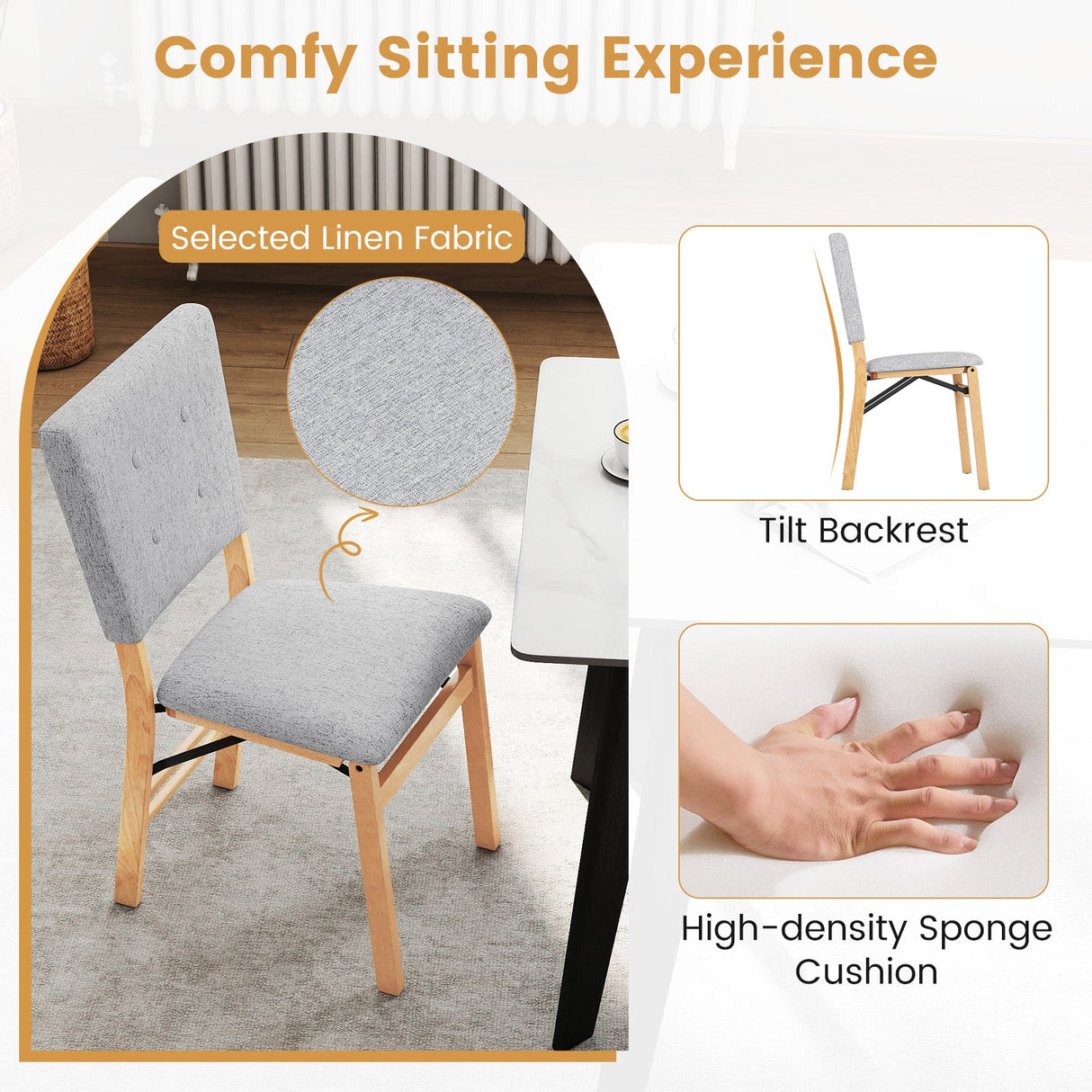 Juego de 2 sillas de comedor plegables sin brazos para cocina con asiento acolchado y respaldo reclinable
