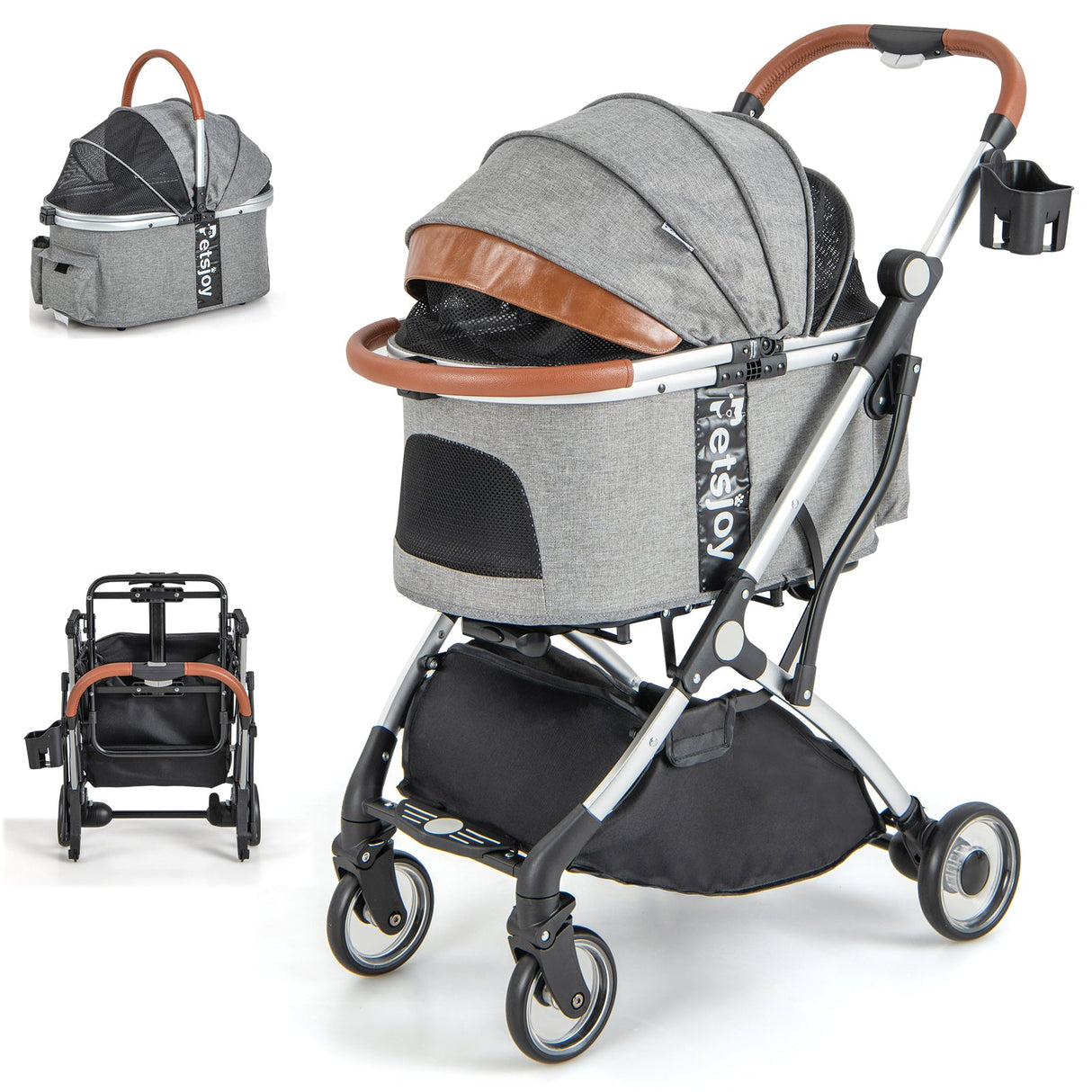 Cochecito plegable para perros y gatos con cubierta impermeable extraíble - Gris oscuro