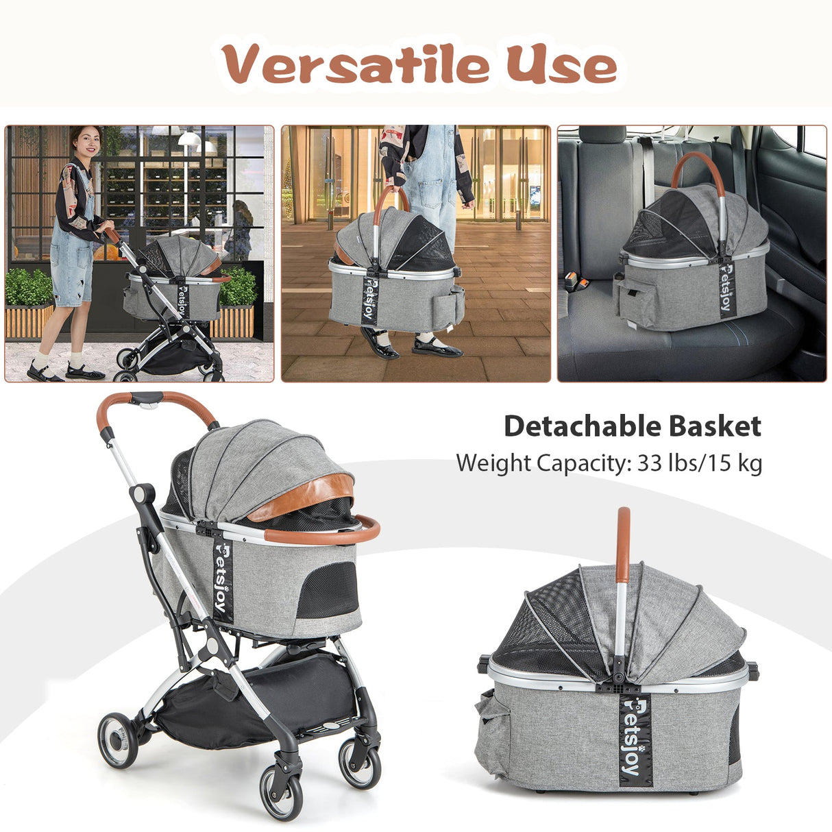 Cochecito plegable para perros y gatos con cubierta impermeable extraíble - Gris oscuro
