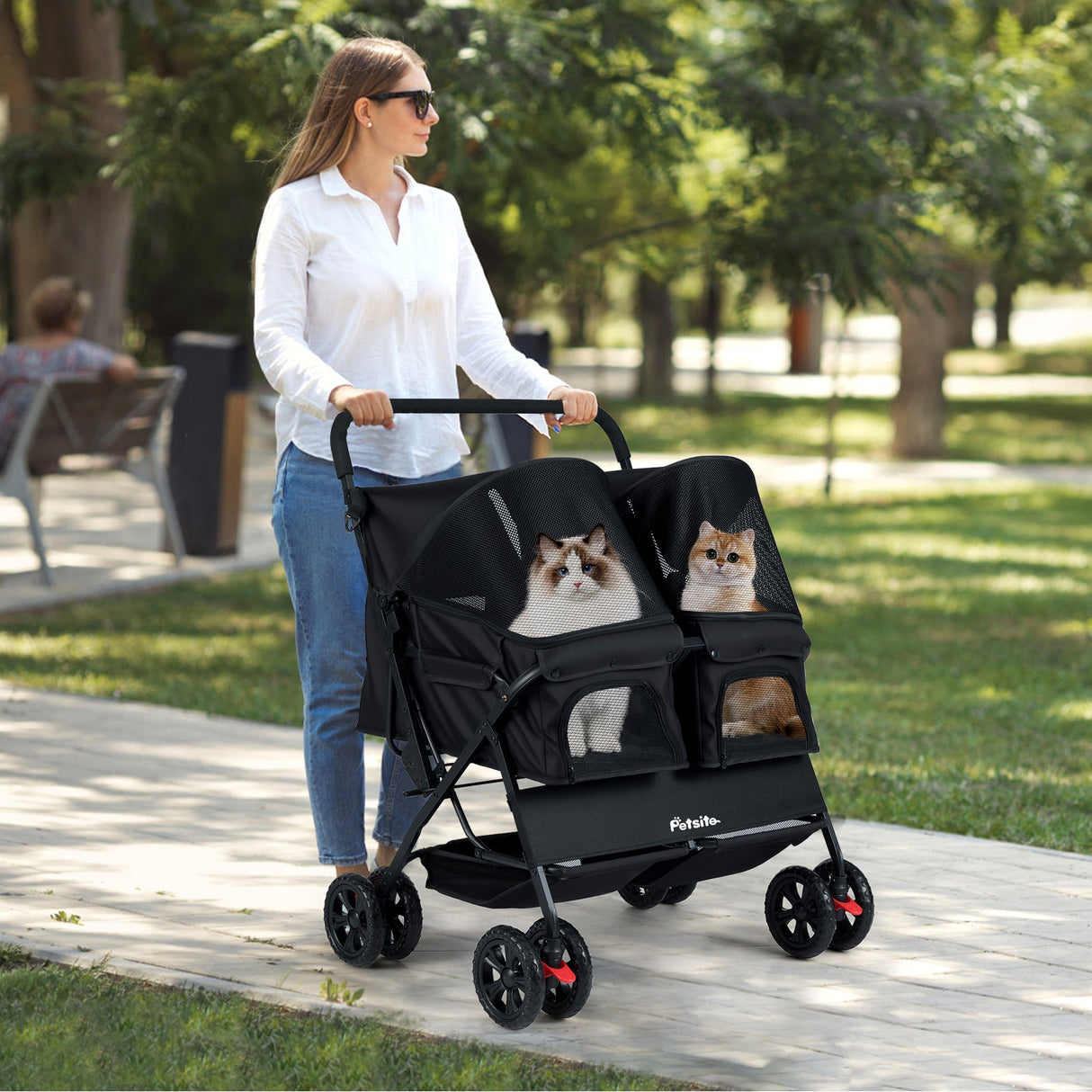 Cochecito doble plegable para mascotas con parasol ajustable y cesta de almacenamiento